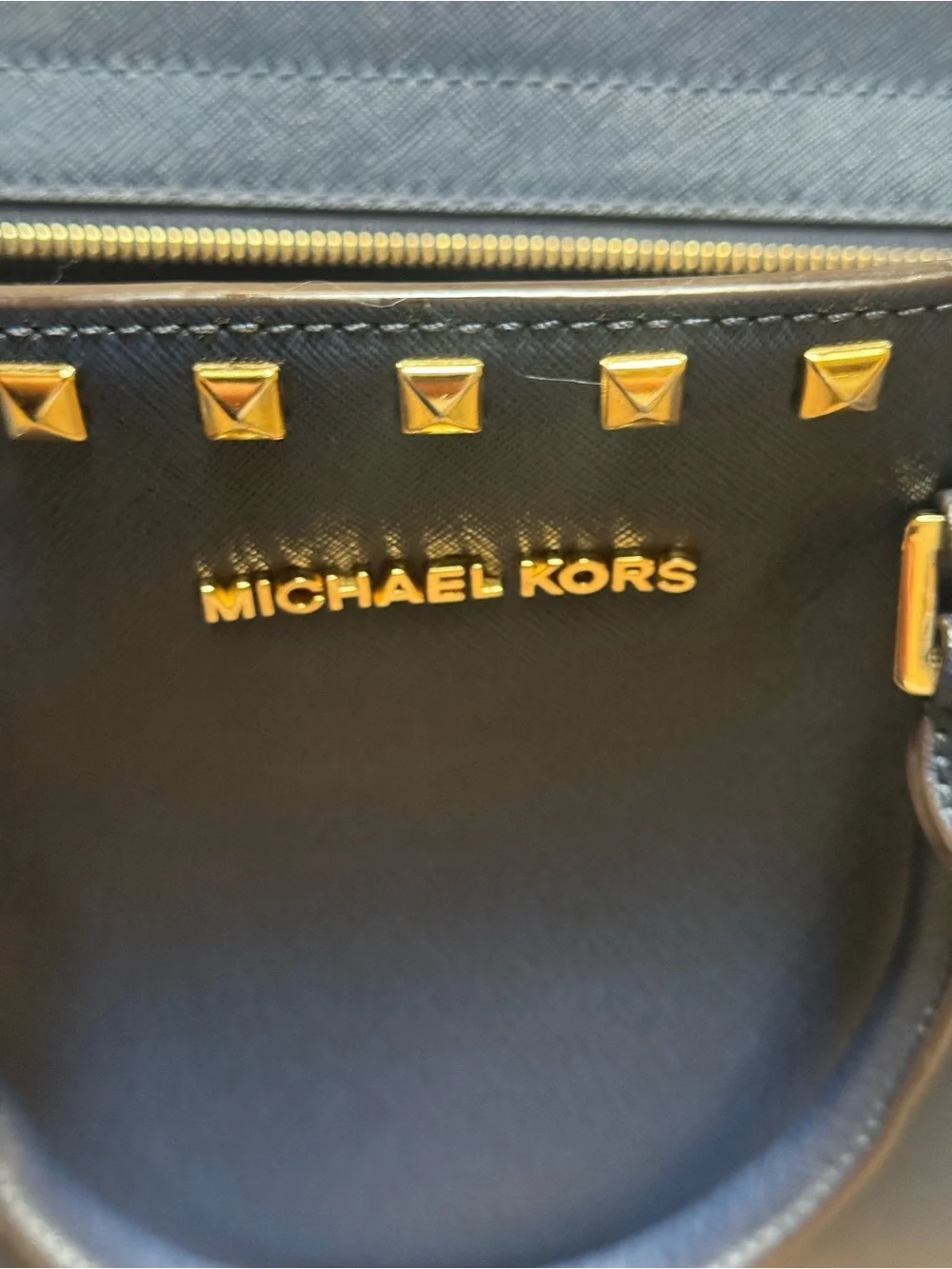 Michael Kors Navy Saffiano Leather Stud Satchel with Gold Hardware